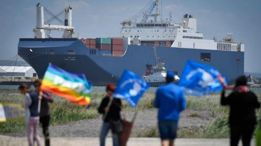 Una de las protestas ante un barco saudí cargado de armas.