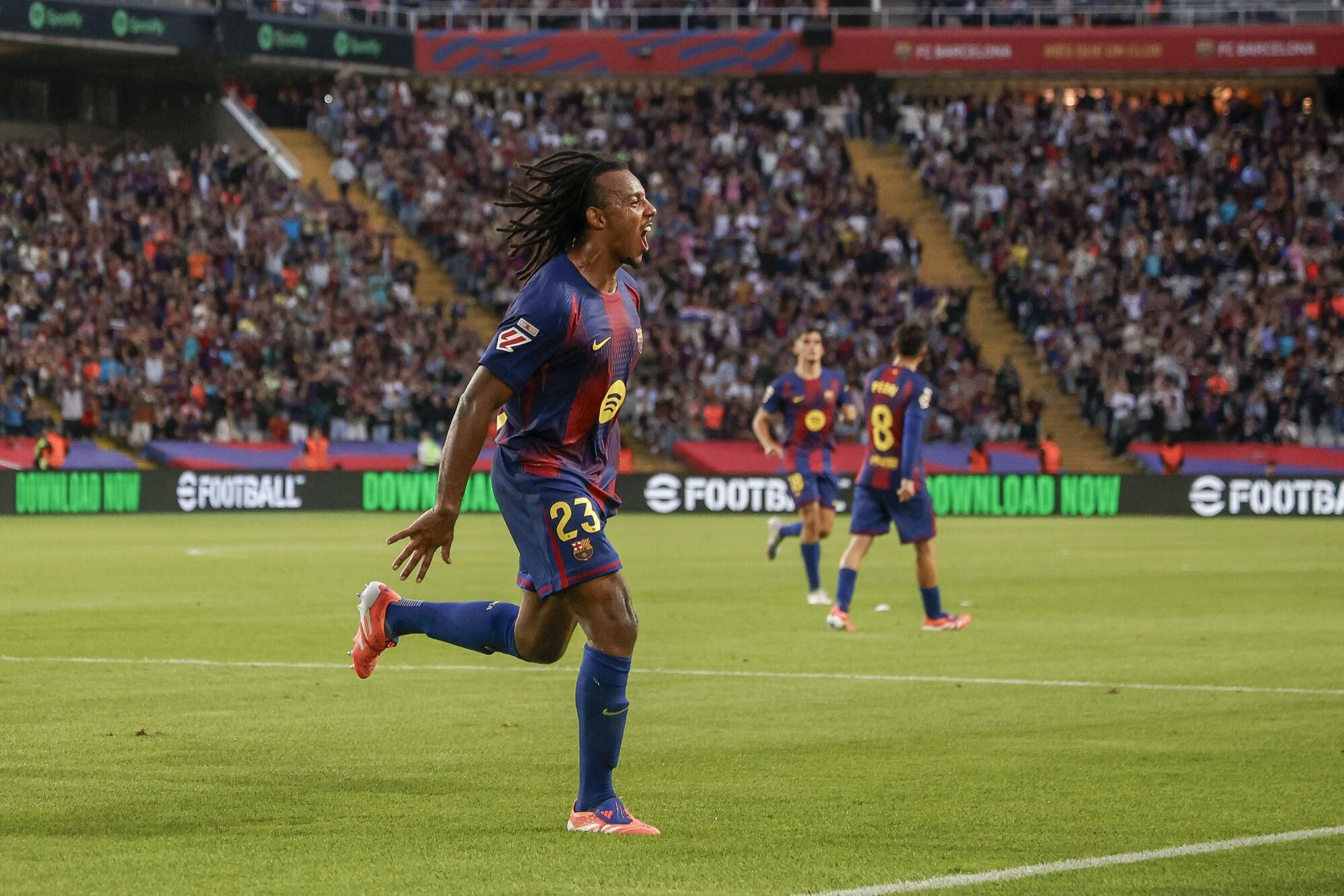 FC Barcelona defender Jules Kounde celebrates his goal against Real Sociedad during the La Liga match between FC Barcelona and Real Sociedad at the Montjuic Stadium, Barcelona, Spain, 28 September 2025. EFE/ Quique Garcia