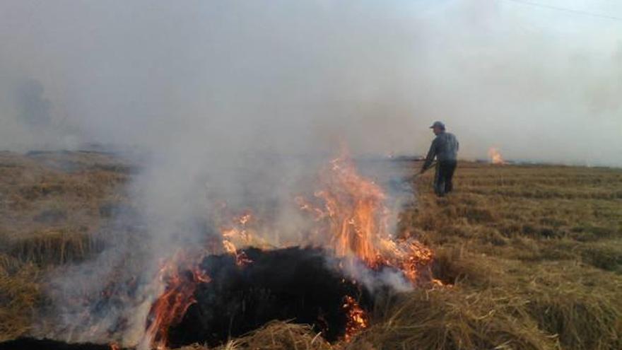 Uno de los agricultores inicia la quema de paja en su campo delante de otros fuegos .