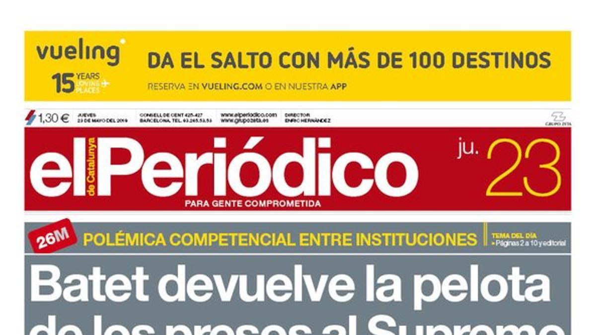 Portada de EL PERIÓDICO del 23 de mayo del 2019.