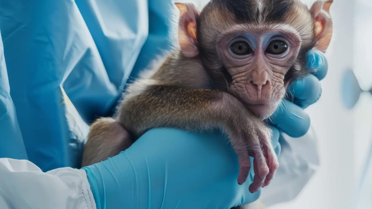 Un joven macaco dispuesto para la investigación biomédica.