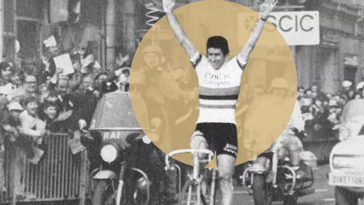 Felice Gimondi celebra su victoria en San Remo.
