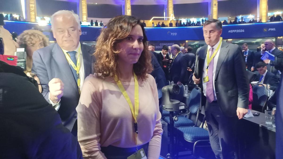La presidenta de la Comunidad de Madrid, Isabel Díaz Ayuso en el Congreso del PPE de Bucarest, Rumanía, este martes