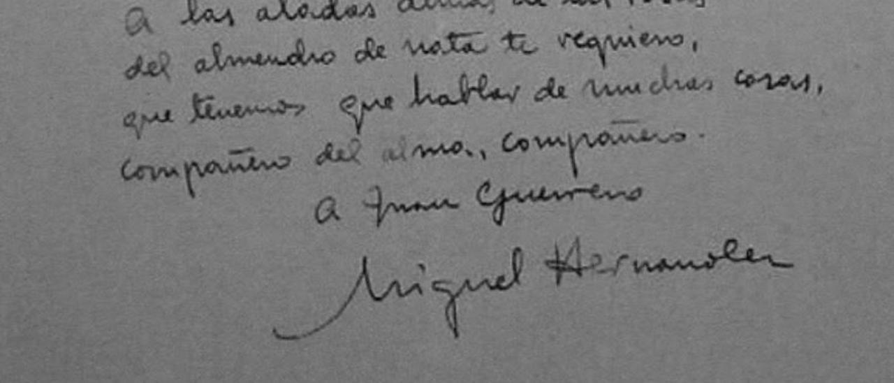 Fragmento final del manuscrito de &quot;Elegía a Ramón Sijé&quot;, dedicado a Juan Guerrero.