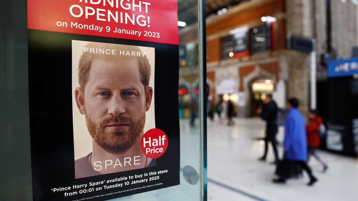 A poster advertising the launch of the book "Spare", by Britain's Prince Harry, the Duke of Sussex, is seen in the window of a bookstore in London