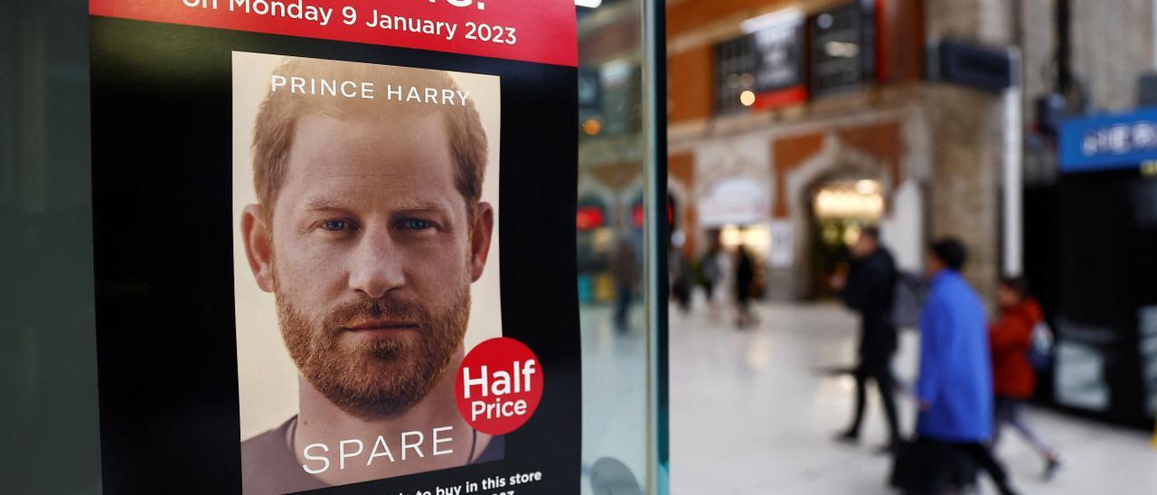 A poster advertising the launch of the book &quot;Spare&quot;, by Britain&#039;s Prince Harry, the Duke of Sussex, is seen in the window of a bookstore in London
