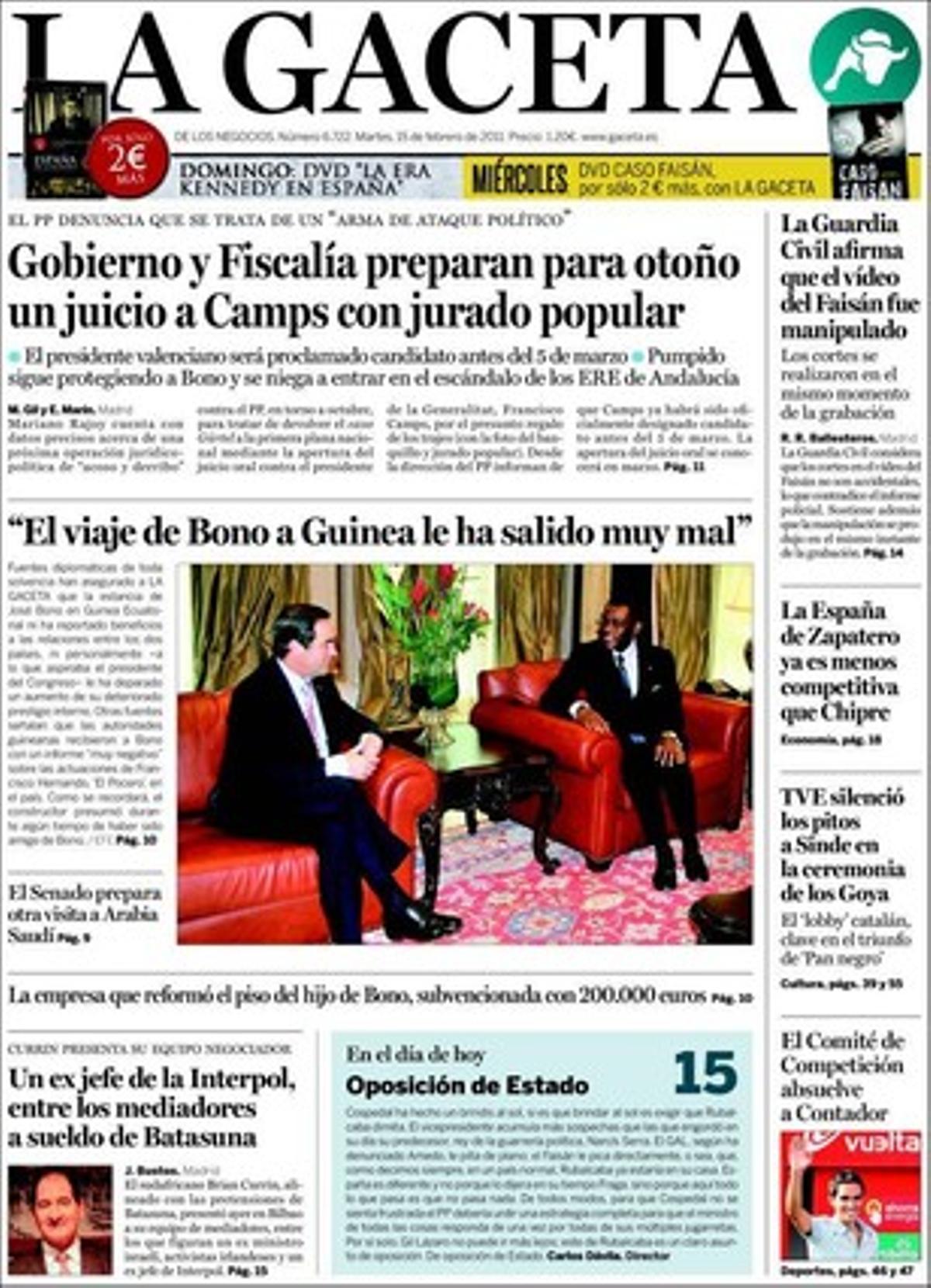 ’La Gaceta’ també destaca que Blanco recolza la limitació de mandats en ple debat sobre la successió de Zapatero, i que el PNB condiciona el seu suport a la llei de solvència financera a la fusió de les caixes basques.