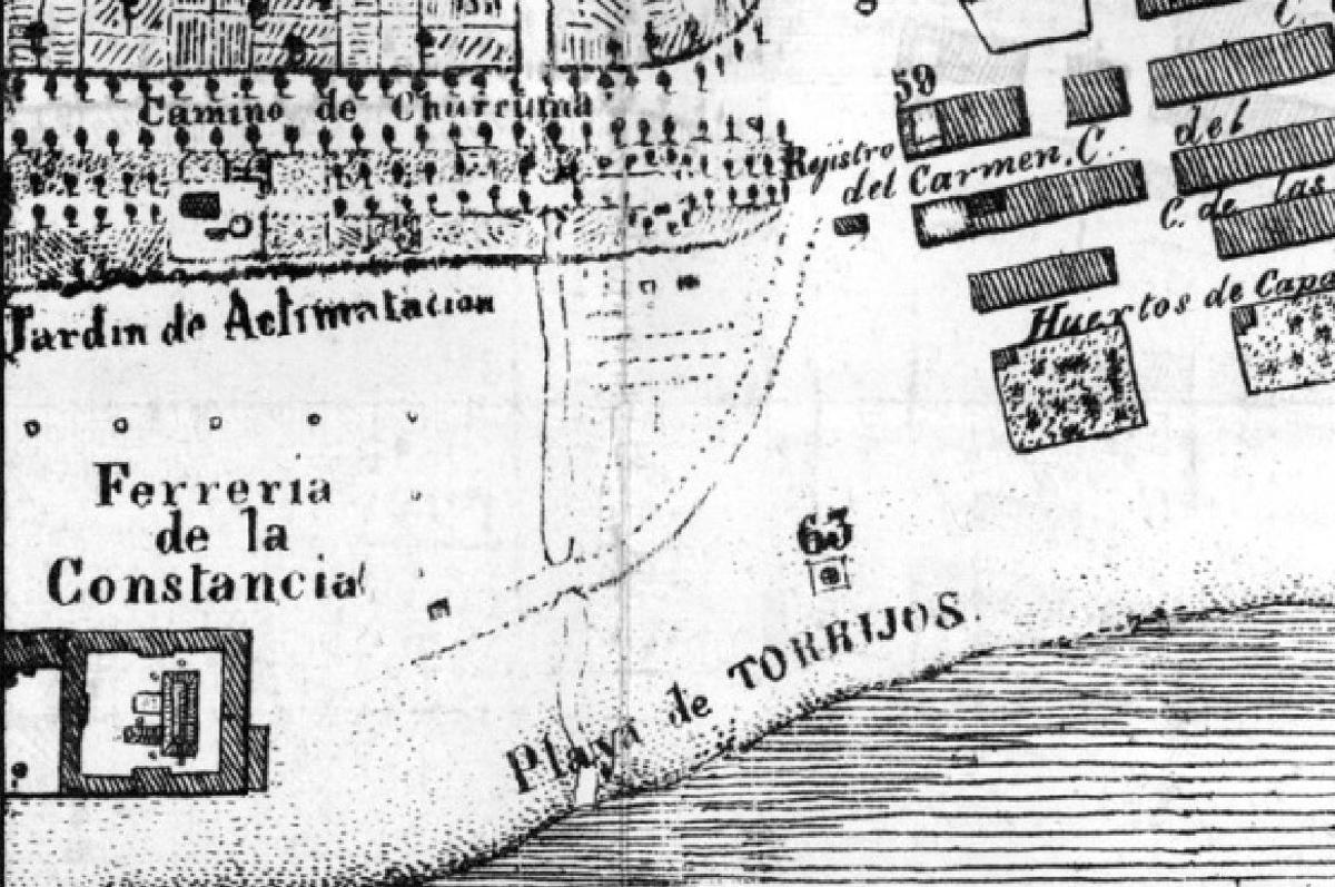 Detalle de un plano de Málaga de 1838 en el que, con el número 63, en la 'playa de Torrijos' se detalla el lugar del fusilamiento del general y sus hombres.