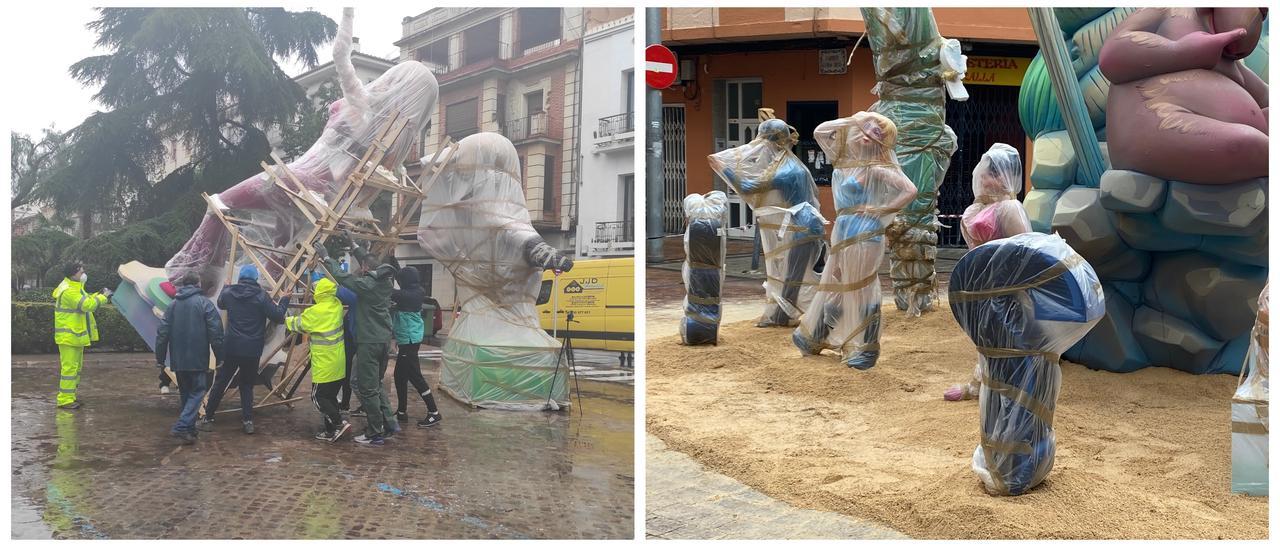 Los falleros han tenido que proteger sus respectivas creaciones con plásticos. A la izquierda en Burriana y a la derecha en Benicarló.