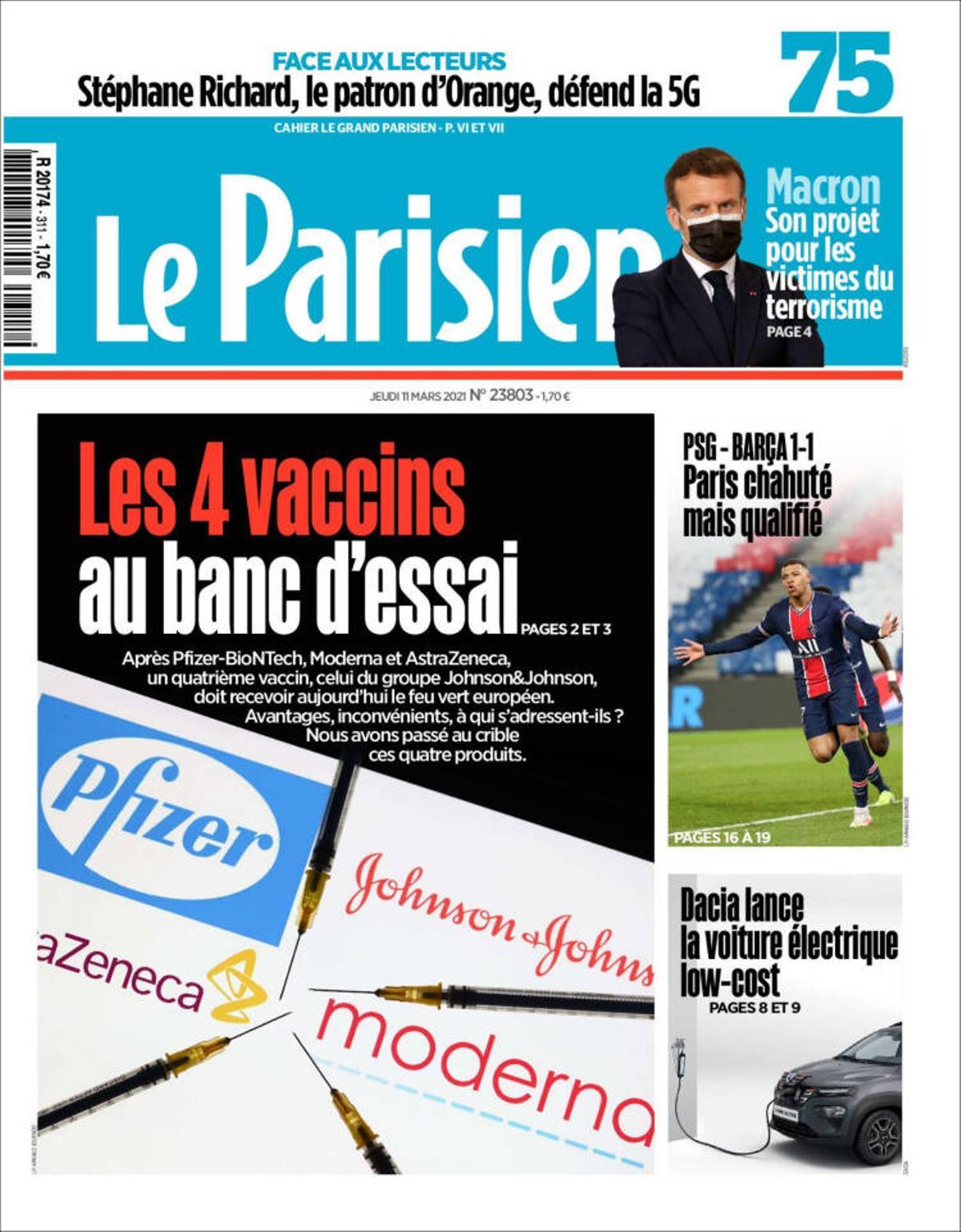 La portada de hoy del periódico francés Le Parisien.