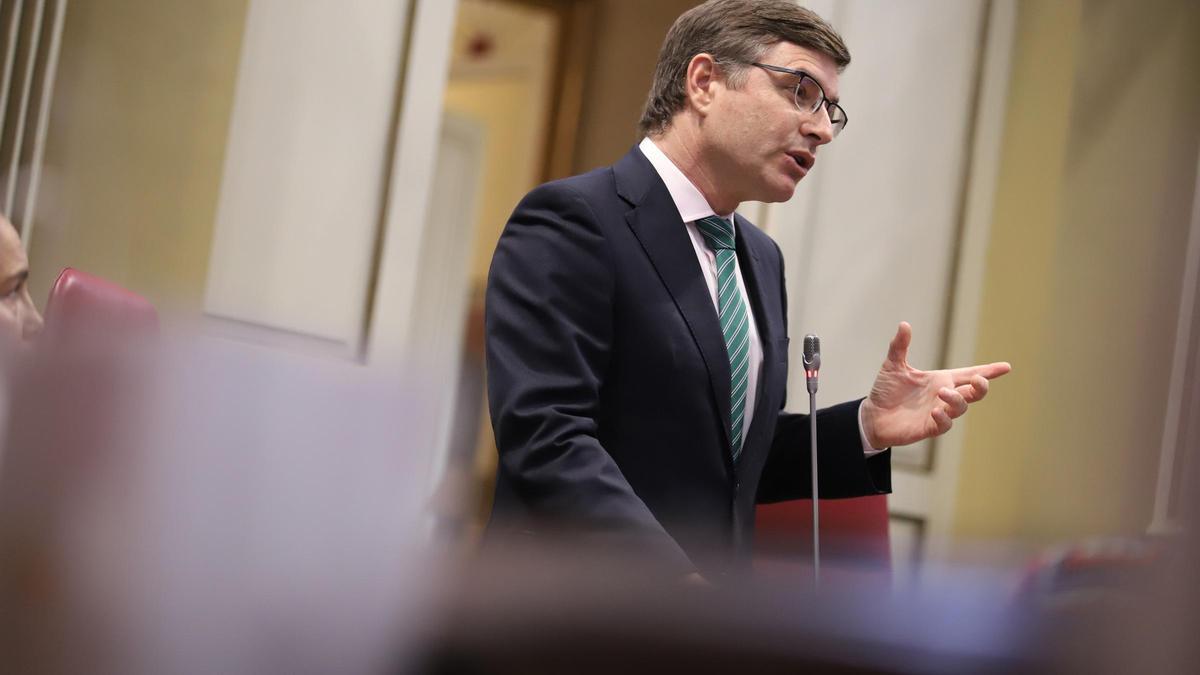 Nicasio Galván esta tarde durante su intervención en el Parlamento de Canarias.