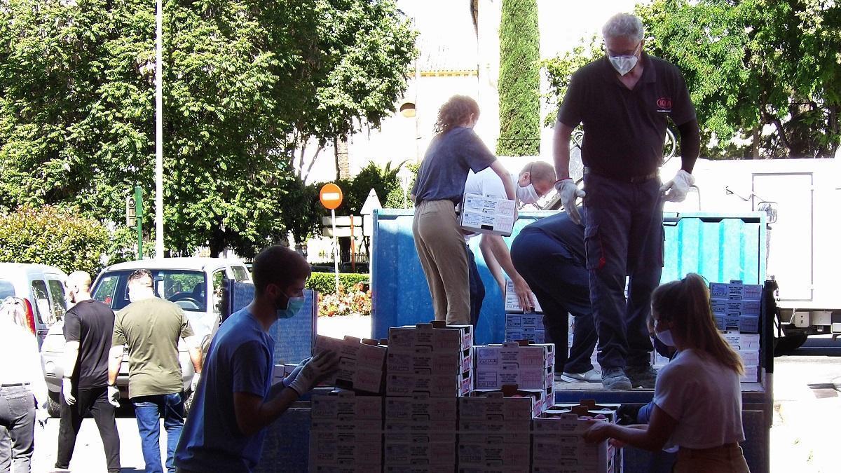 Voluntarios del Banco de Alimentos de Córdoba cargan un camión con los productos que han recibido.