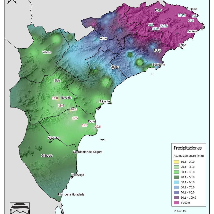 Mapa de precipitaciones de la provincia de Alicante en el año 2020.