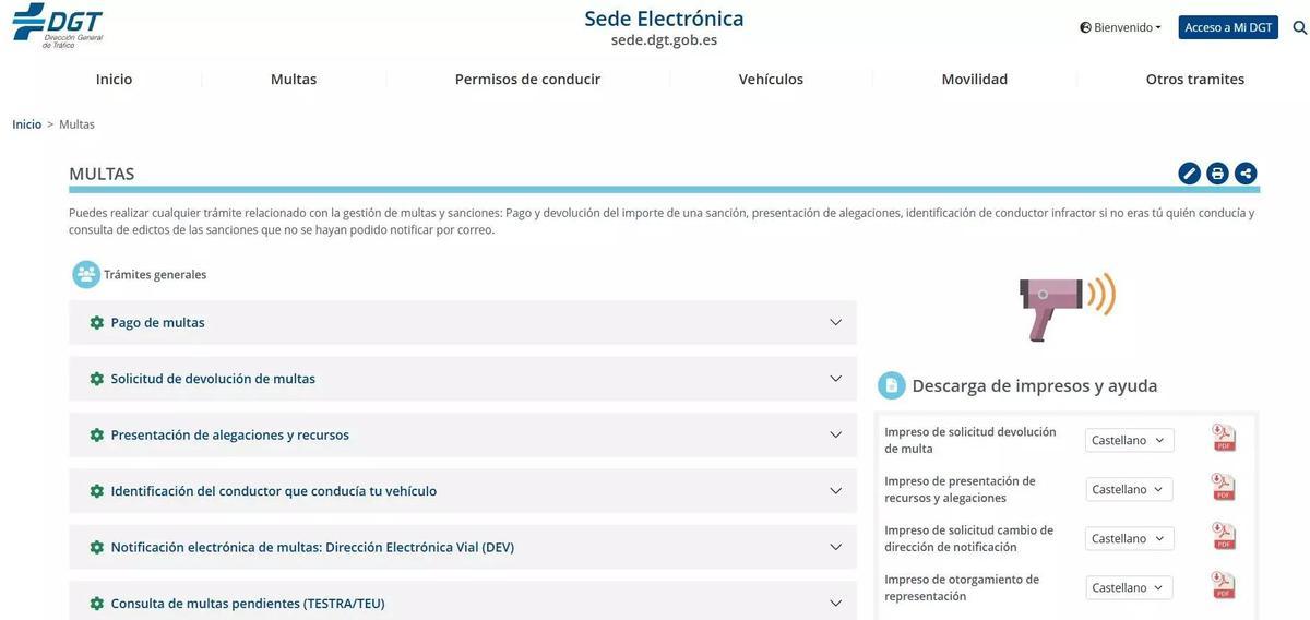 Página web de la DGT para pagar las multas