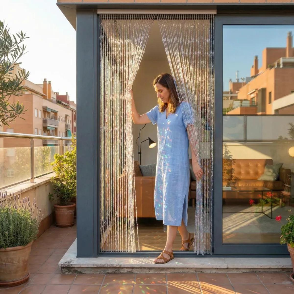 Una mujer sale de su casa donde tiene una cortina en la puerta de la terraza