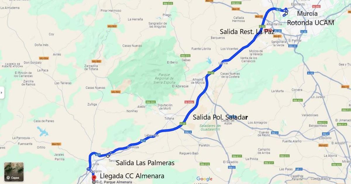 Itinerario de la protesta de agricultores en el Valle del Guadalentín