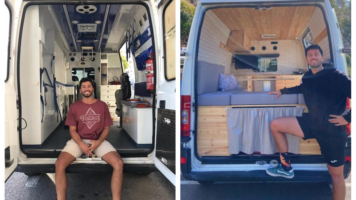 El joven alicantino muestra el antes y el después de su ambulancia convertida en furgoneta camper.