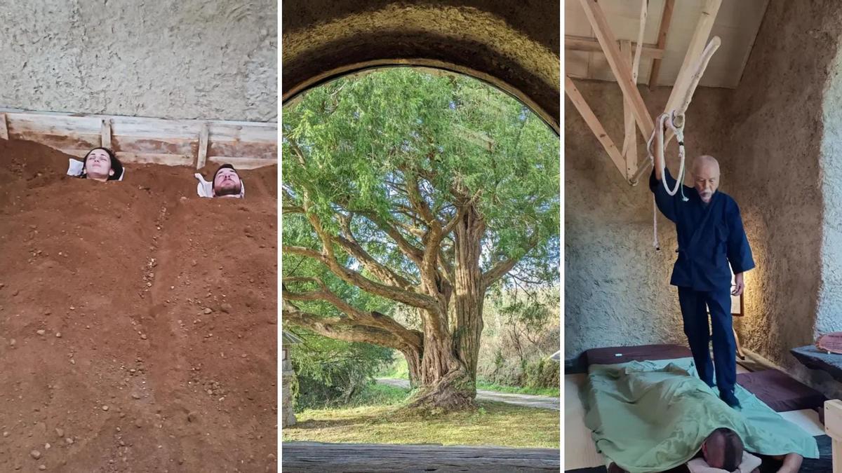 De izquierda a derecha, el baño Nagora, vistas a los tejos desde el interior del templo, el maestro Asho hace el masaje terapéutico a un cliente