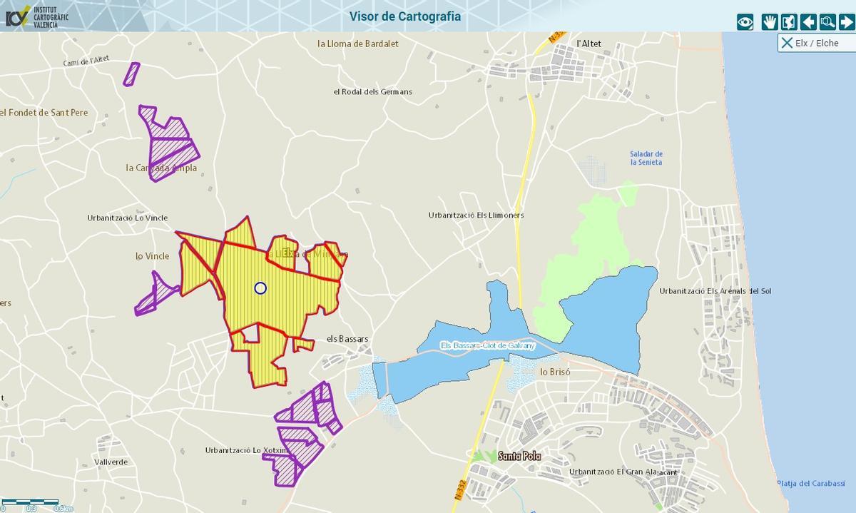 En amarillo la extensión de la macroplanta que se instalará entre Balsares y Alicante, en azul la extensión del Clot y en morado algunas plantas solares en trámite