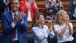 Pedro Sánchez, Raquel Sánchez y Yolanda Díaz, en el Congreso.