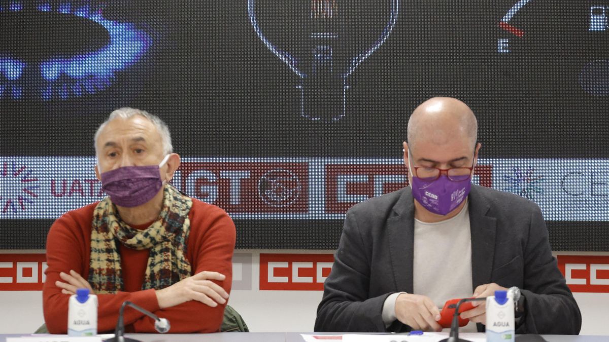 Los líderes de UGT y CCOO, Pepe Álvarez y Unai Sordo, durante el acto de convocatoria de movilizaciones en todo el país el próximo 23 de marzo.