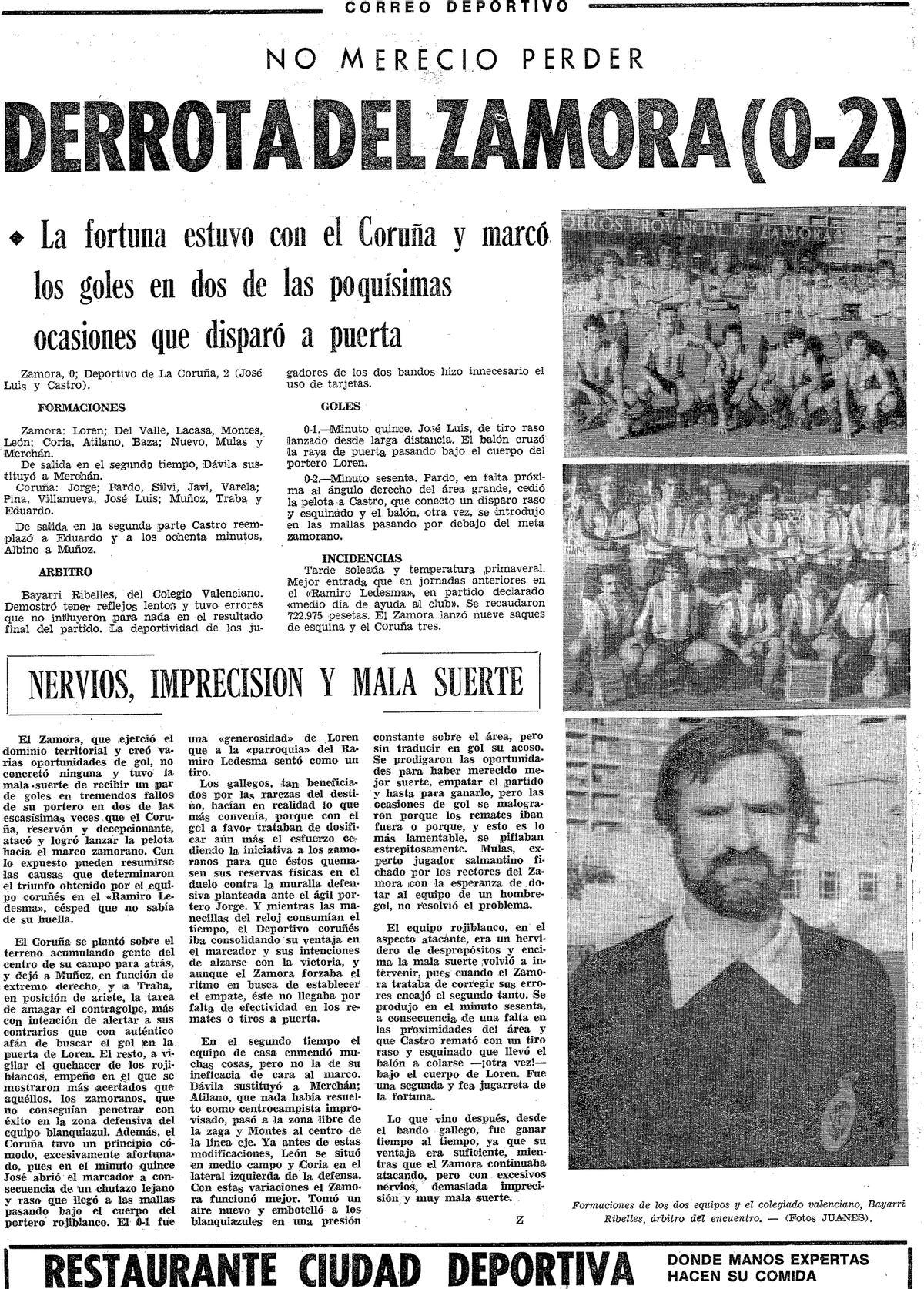 Página de El Correo de Zamora sobre el partido Zamora CF-Depor en el que se estrenó el himno del Zamora.