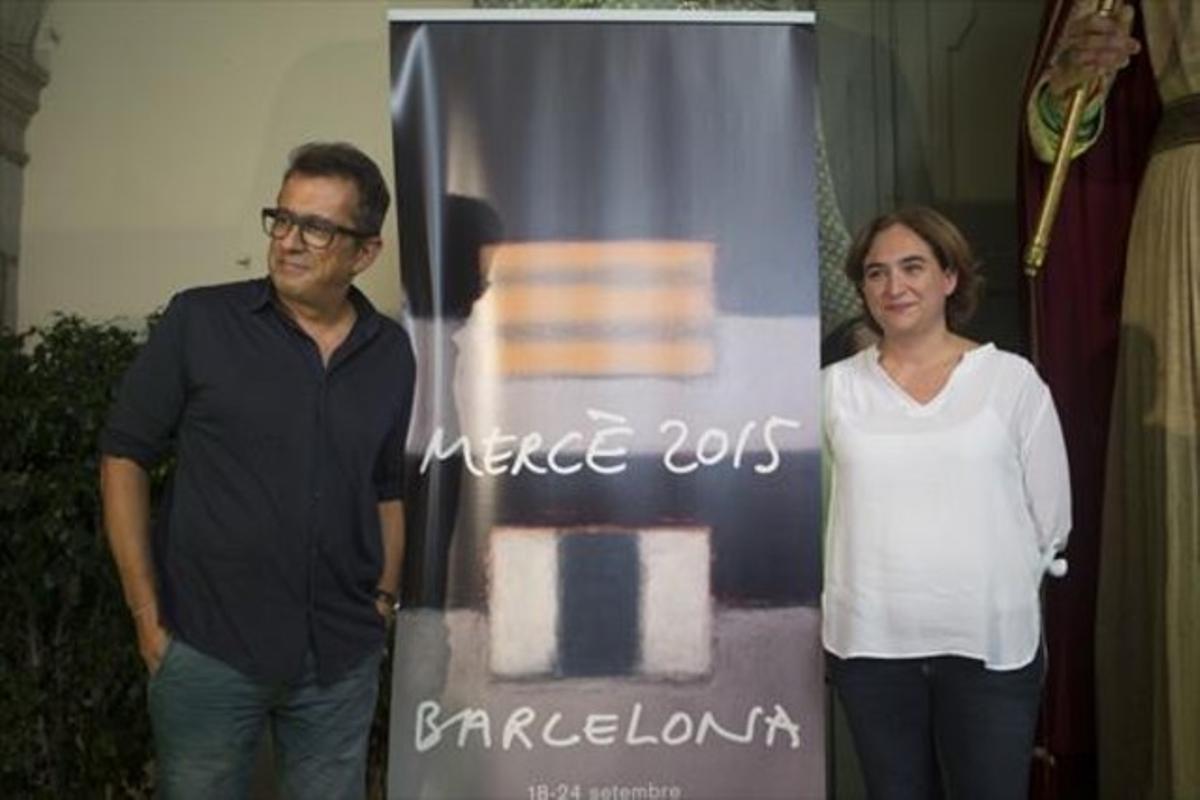 Andreu Buenafuente i l’alcaldessa Ada Colau, davant el cartell oficial de les festes de la Mercè, obra de l’artista irlandès Sean Scully. Andreu Buenafuente i l’alcaldessa Ada Colau, davant el cartell oficial de les festes de la Mercè, obra de l’artista irlandès Sean Scully.