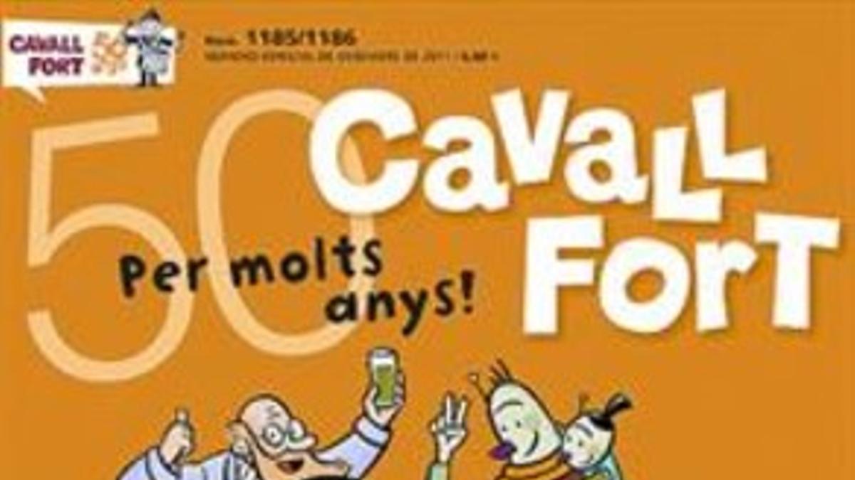 Primera portada de 'Cavall Fort', de diciembre de 1961. A la derecha, el número especial del 50º aniversario.