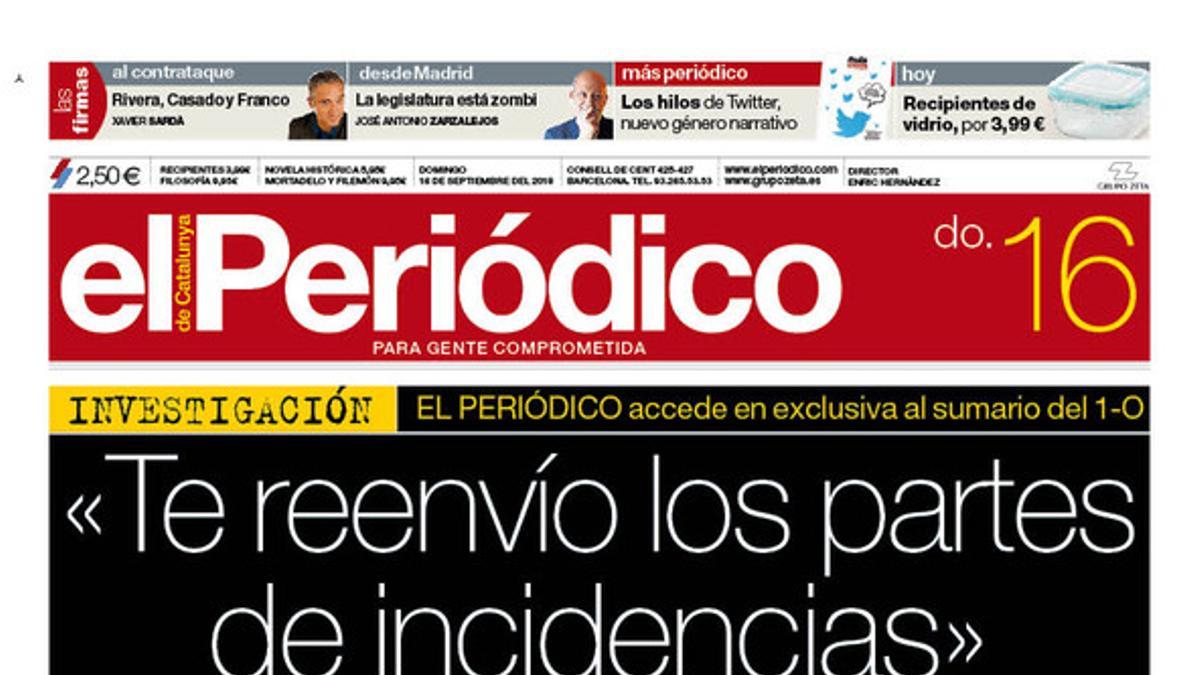 La portada de EL PERIÓDICO DE CATALUNYA del 16 de septiembre del 2018