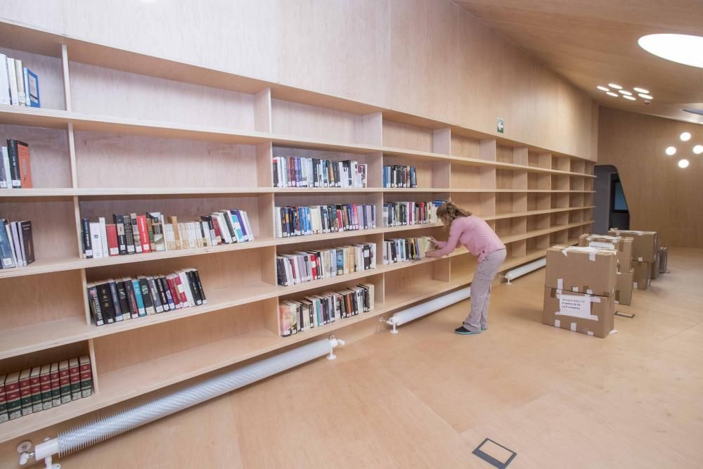 Colocación de los libros en la biblioteca, antes de su apertura // Cristina Graña