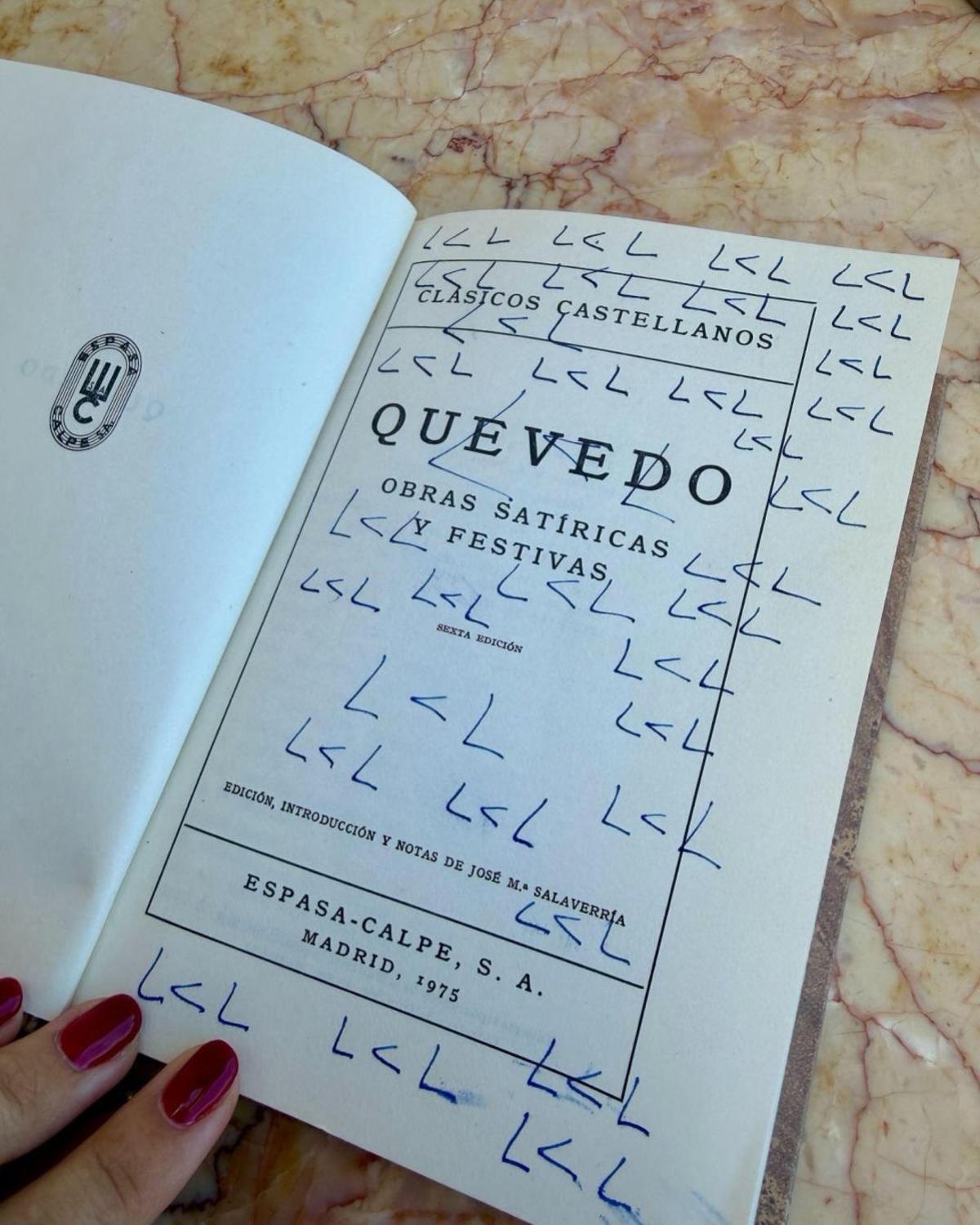 El autor mostraba así las imágenes del libro que tenía las letras "L>L" pintadas en repetidas ocasiones en la portada y en los márgenes