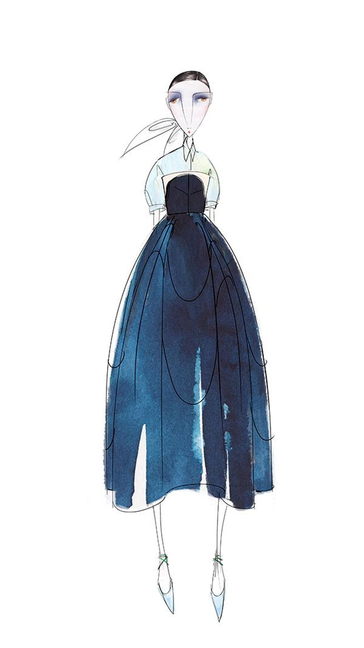 Boceto en azul de Delpozo para su colección cápsula para Stylebop.com