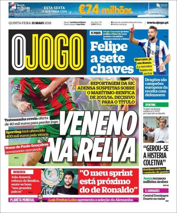 Portada O JOGO jueves 31 de mayo de 2018