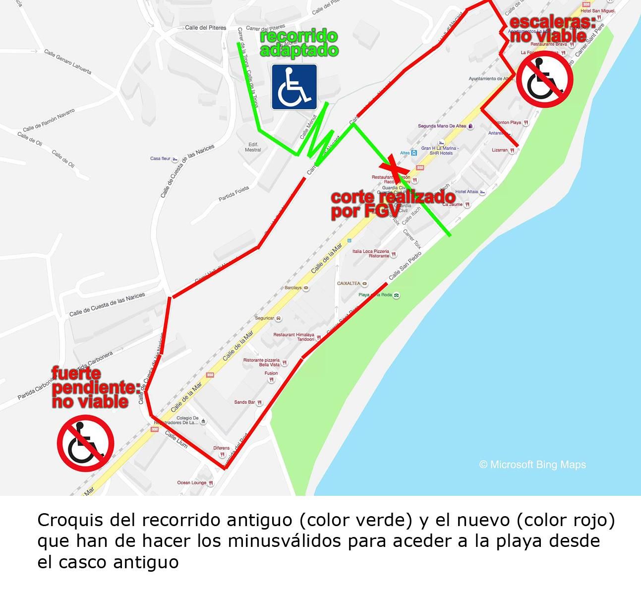 Croquis de accesos adaptados a la playa desde el casco antiguo por la estacion del TRAM en Altea.