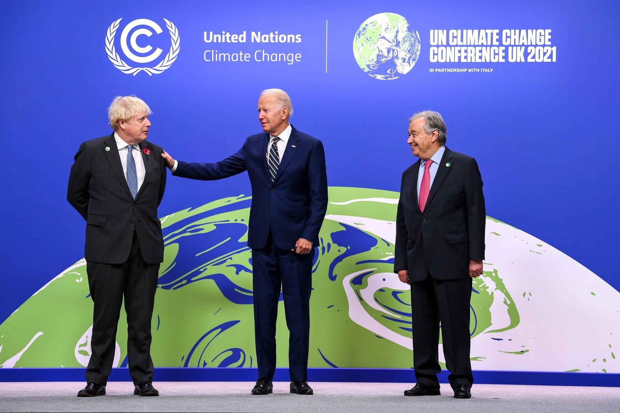 El secretario general de la ONU, Antonio Guterres; el presidente de EEUU, Joe Biden, y el primer ministro británico, Boris Johnson.