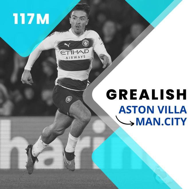 Jack Grealish (Del Aston Villa al Manchester City por 117,5 millones de euros en 2021)