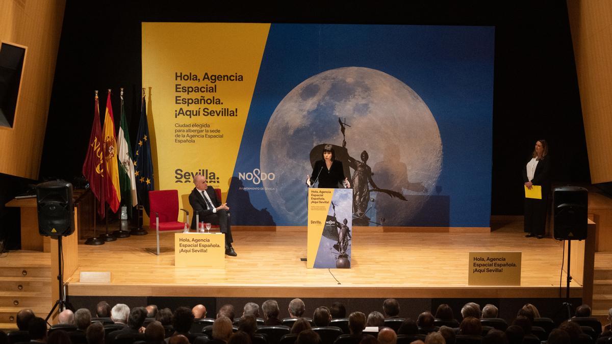 La ministra de Ciencia e Innovación, Diana Morant, el pasado noviembre en el acto a la visita a las instalaciones de la Agencia Espacial Española, en Sevilla.