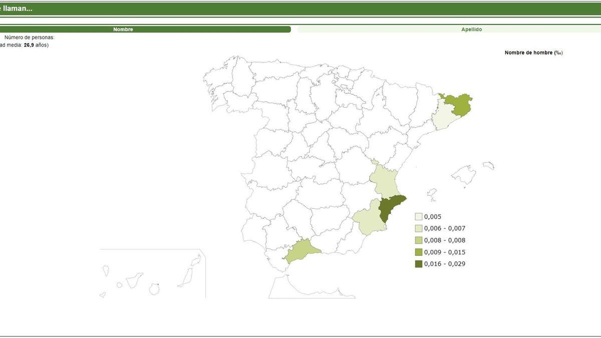 El mapa que muestra las provincias con hombres en España que se llaman Semen