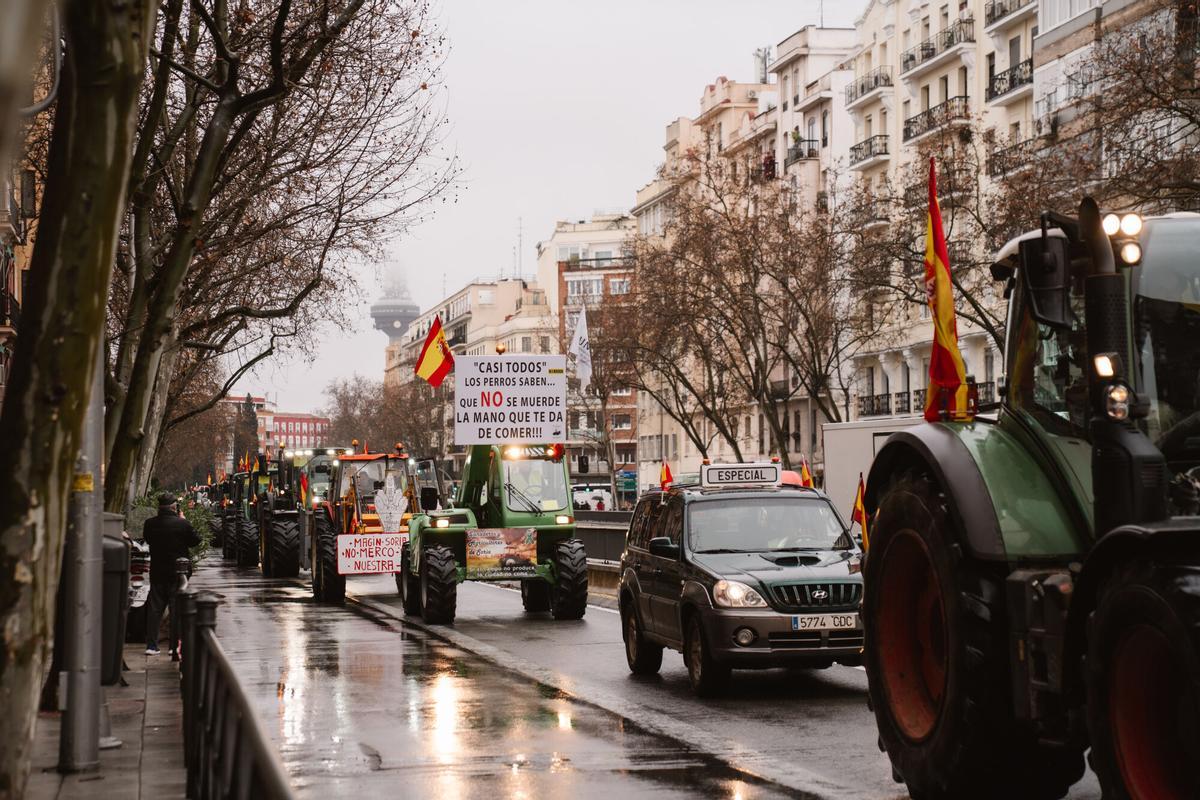 Miles de agricultores con sus tractores protestan contra el acuerdo con Mercosur en Madrid.