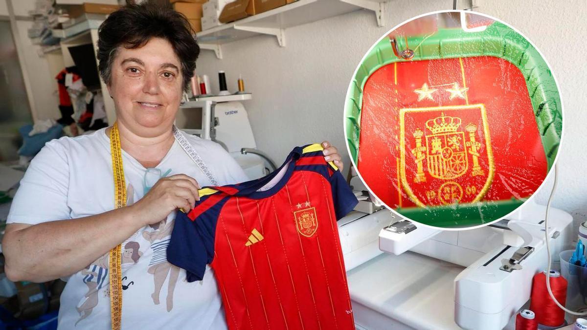 Balbi Fernández, con una de las camisetas con las dos estrellas y, en el detalle, el proceso de bordar la elástica de la selección española.