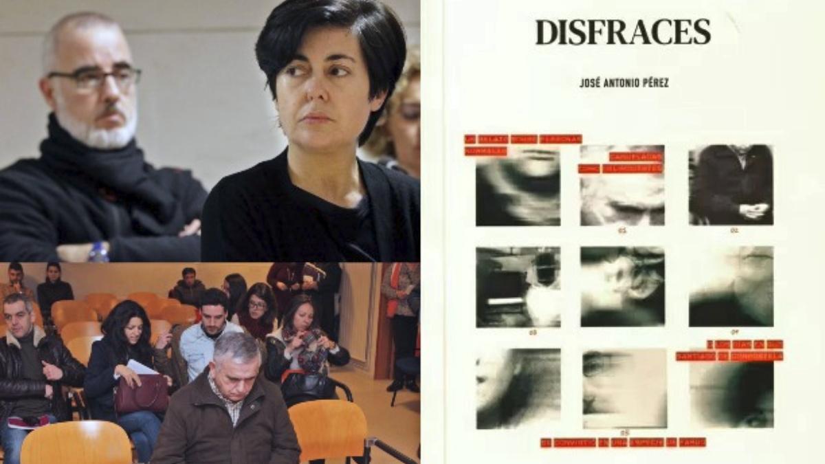 Portada de "Disfraces" y a la izquierda, fotos de archivo de Alfonso Basterra y Rosario Porto y del jucio del 'Códice Calixtino'