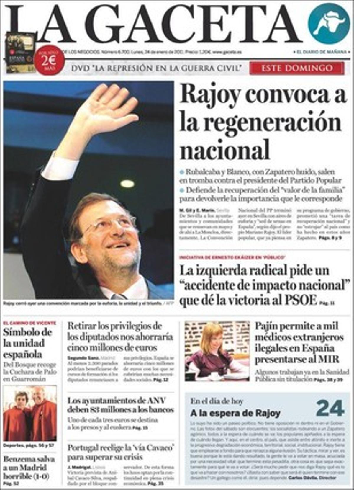 ’La Gaceta’ també destaca que les caixes d’estalvi espanyoles han rebut el 4% del capital injectat a tota la banca europea i que les discogràfiques van ocultar dades clau en el seu últim informe sobre la pirateria a Espanya.