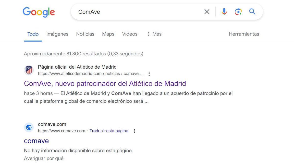 Búsqueda en Google de ComAve, nuevo patrocinador del Atlético.