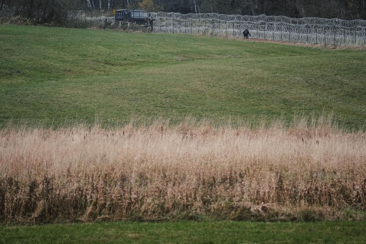 Soldados del ejército polaco arreglan bobinas de alambre de púas en una valla a lo largo de la frontera polaca, con el enclave ruso de Kaliningrado, cerca de Zerdziny, Polonia