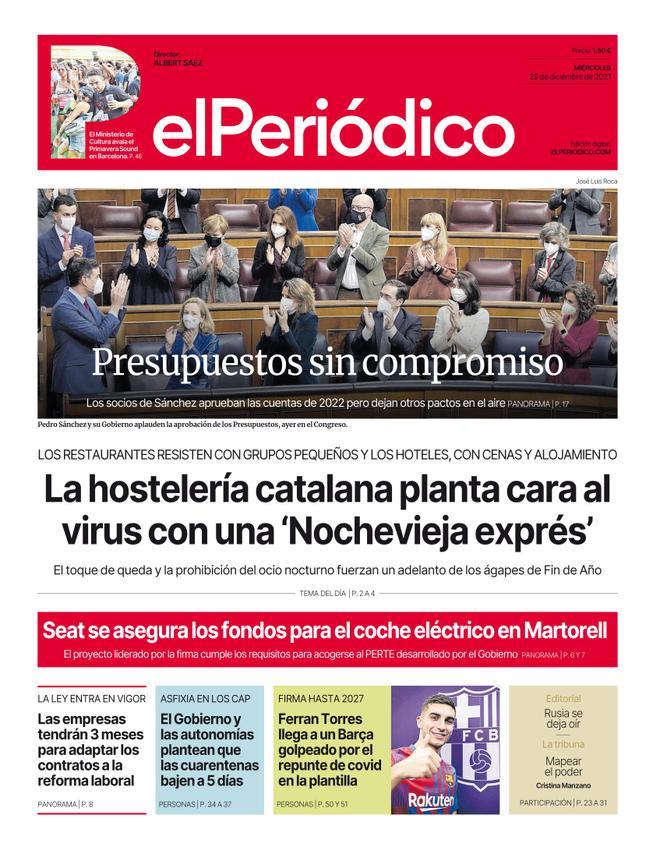 La portada d’EL PERIÓDICO del 29 de desembre del 2021