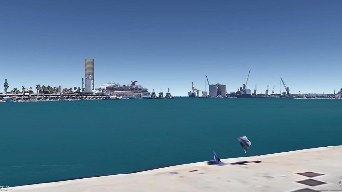 Simulación de un rascacielos de 150 metros y su efecto sobre la Farola desde el Palmeral de las Sorpresas.