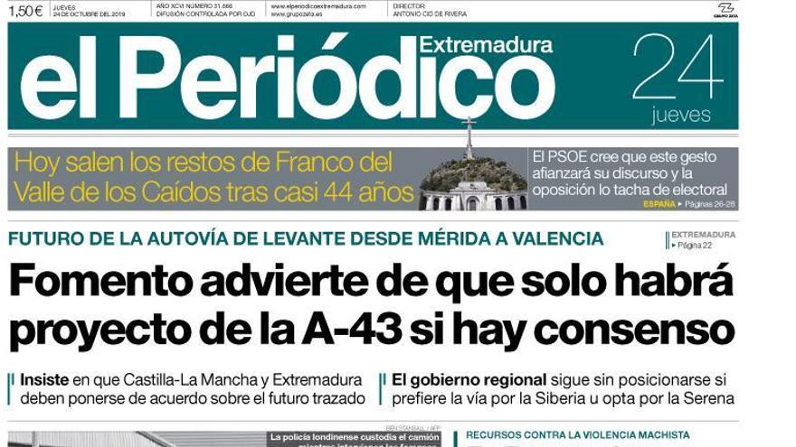 Esta es la portada de EL PERIÓDICO EXTREMADURA correspondiente al día 24 de octubre del 2019