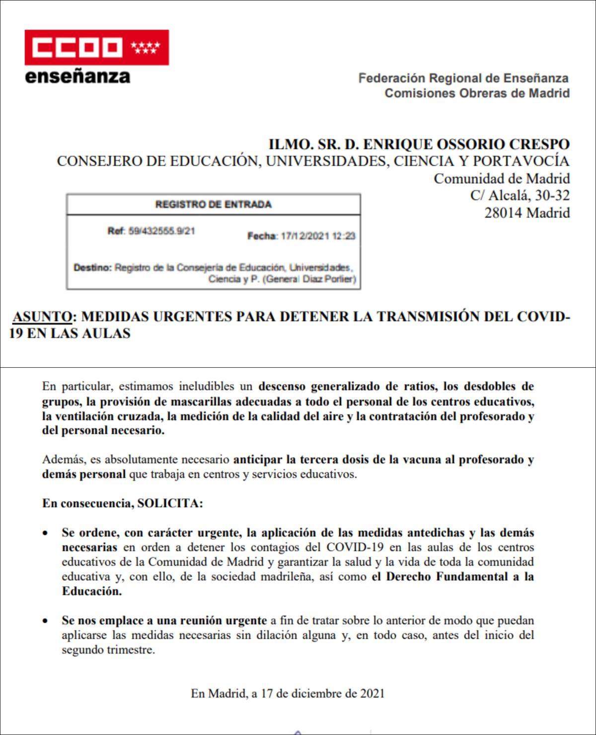 Extracto de la carta de Comisiones Obreras al consejero de Educación de la Comunidad de Madrid tras el anuncio de posibles medidas de &quot;semipresencialidad&quot; para la vuelta a las aulas