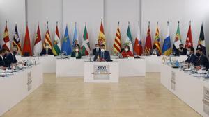 El presidente del Gobierno, Pedro Sánchez, durante su intervención en la XXVI Conferencia de Presidentes, celebrada este 13 de marzo de 2022 en el Museo Arqueológico Benahoarita de Los Llanos de Aridane, en la isla canaria de La Palma.