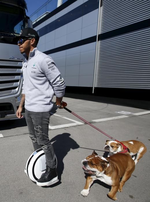 Otra imagen simpática de Hamilton. Con sus perros en el paddock del Circuito de Montmeló antes de unos ensayos. EFE-REUTERS